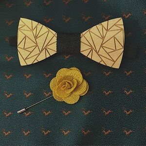Geometric Wooden Bow Tie with Yellow Flower Pin
